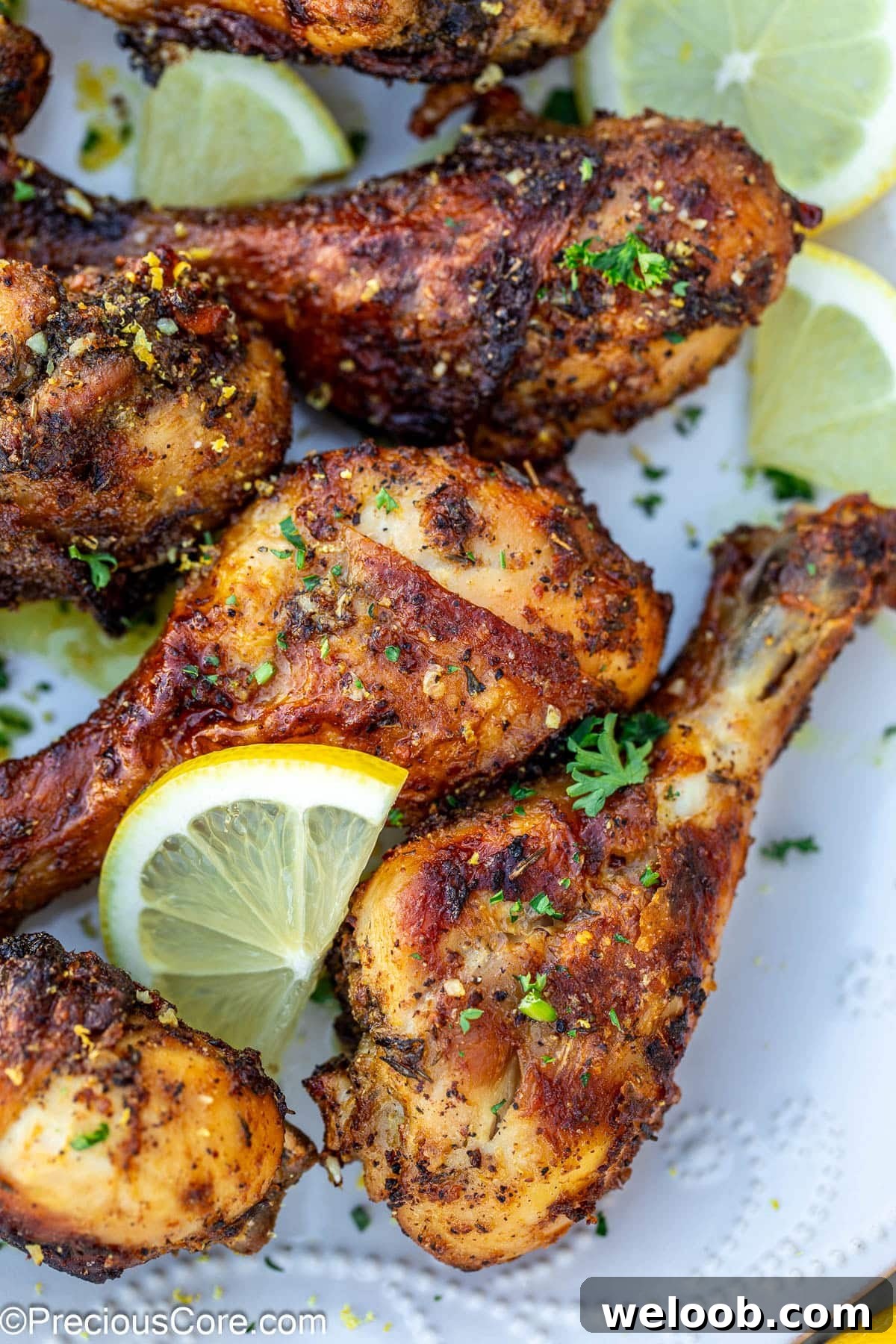 Lemon pepper drumsticks on a plate with lemon slices.