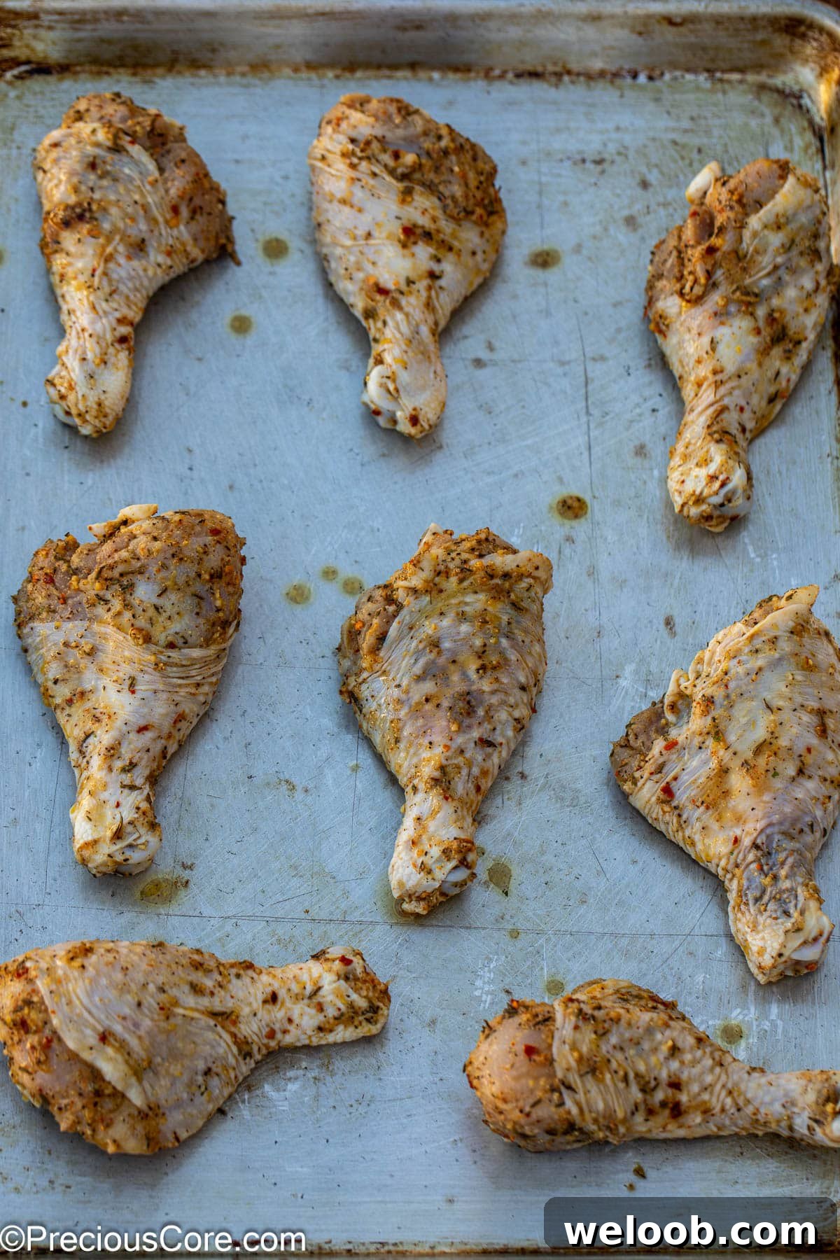 Marinated chicken drumsticks on a baking sheet.