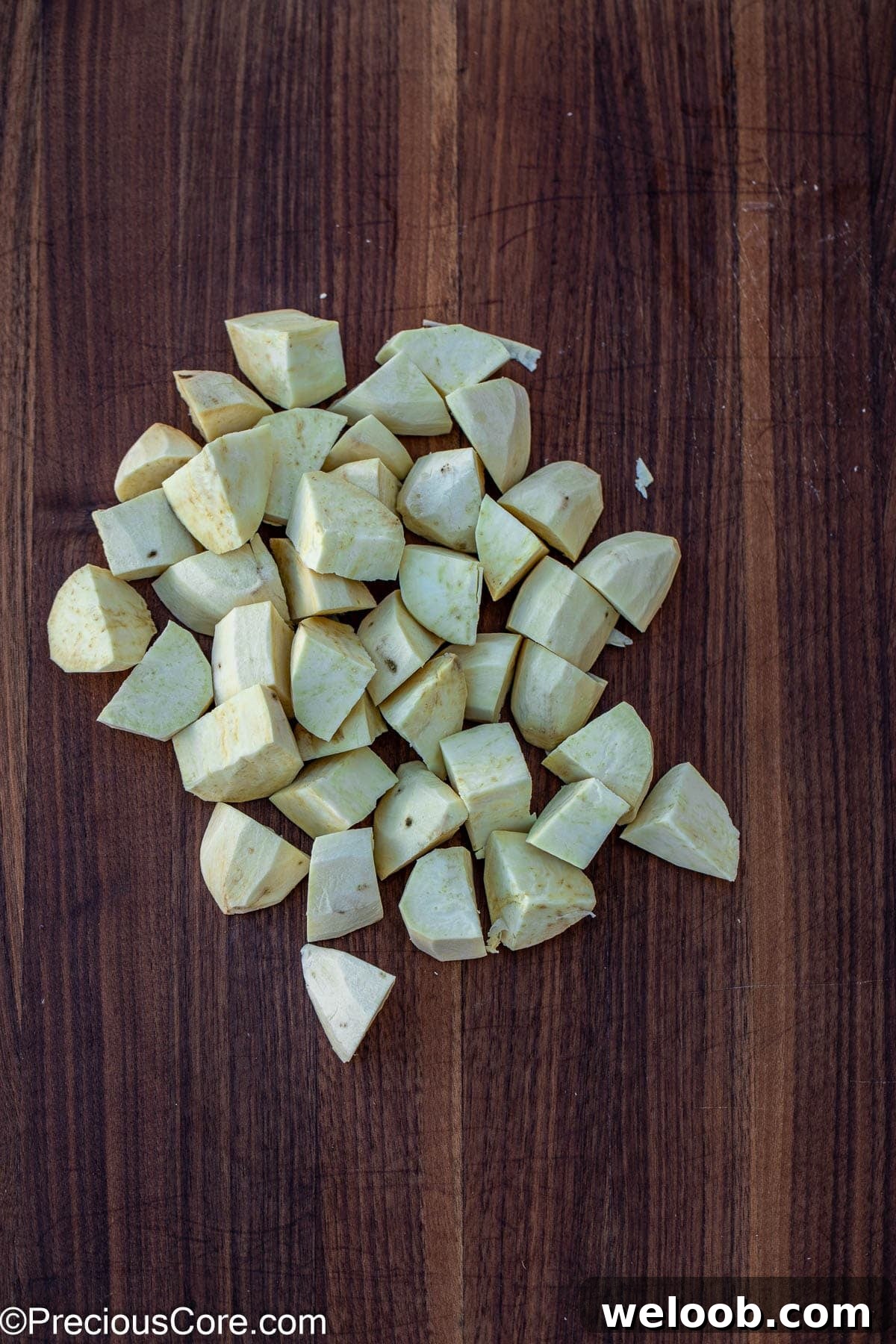 Diced white sweet potatoes.