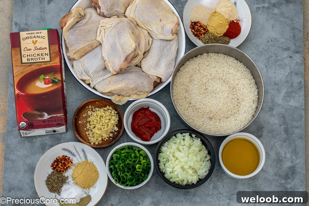 ingredients for the one pot chicken thighs and rice recipe.