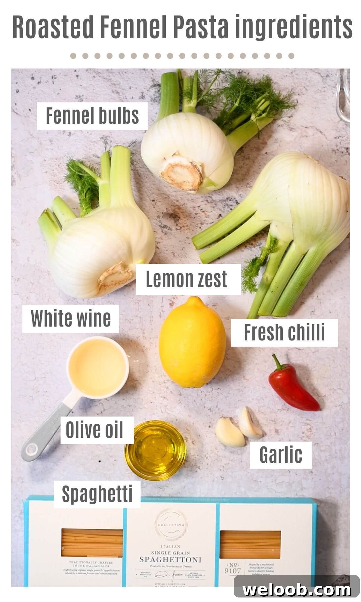 An overhead shot of all the ingredients needed to make roasted fennel pasta.