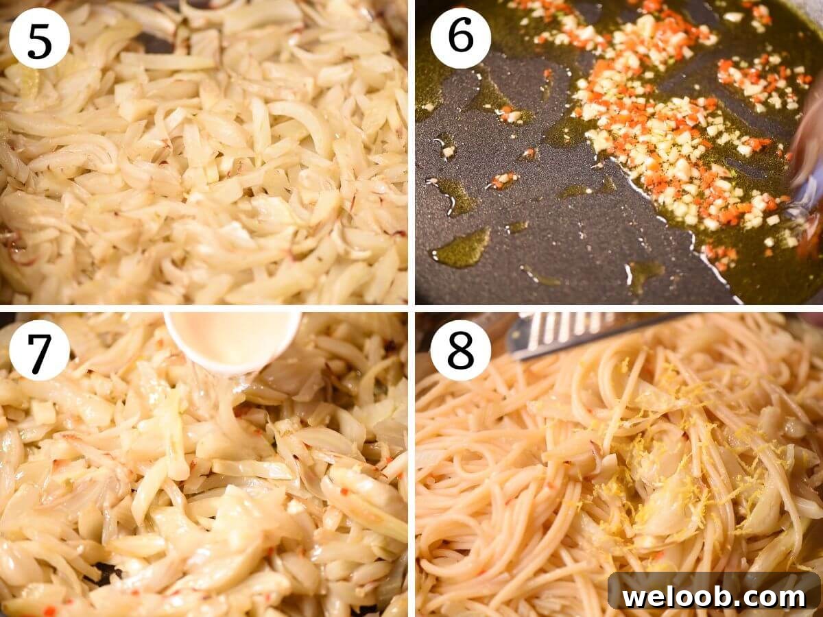Four photos in a collage showing how to make a roasted fennel pasta sauce with garlic, chilli and lemon.