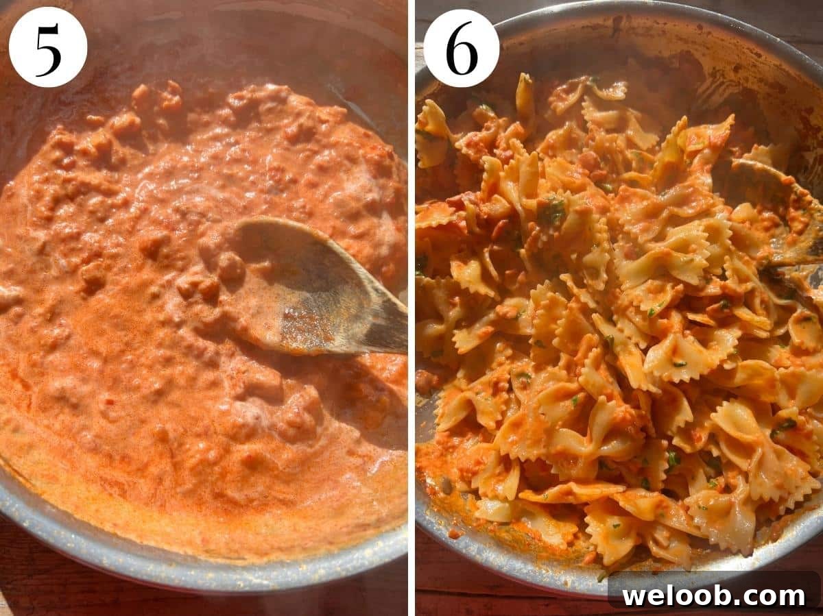 Two photos in a collage showing the sauce at the end of cooking and farfalle pasta being added with parsley and cheese.