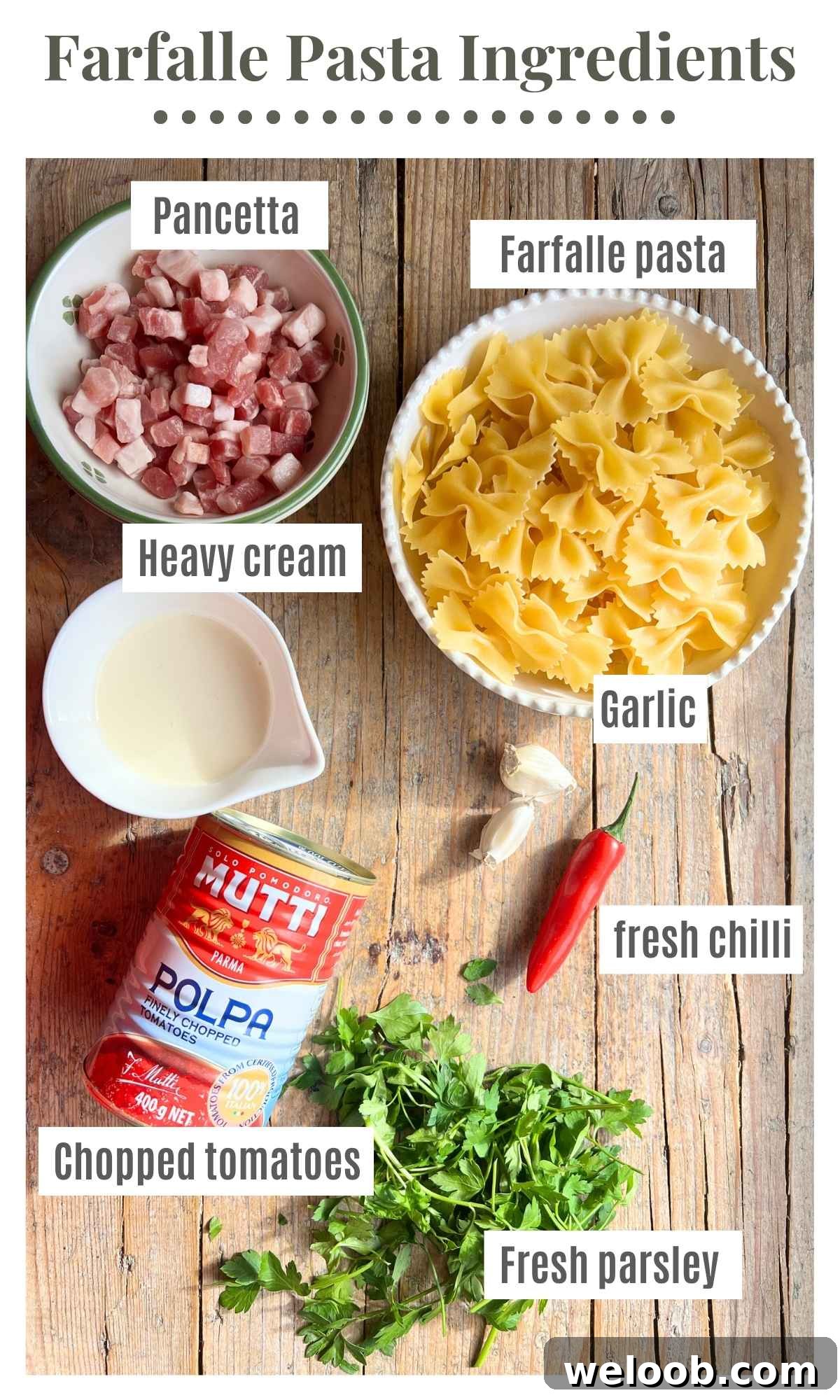 An overhead shot of all the ingredients needed to make farfalle pasta with garlic and chilli. The text overlay reads: pancetta, farfalle pasta, heavy cream, chopped tomatoes, garlic, fresh chilli, fresh parsley.