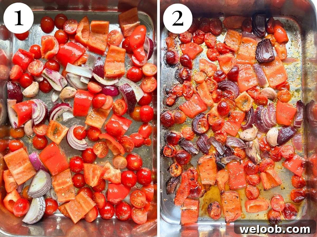 Two photos showing before and after of roasted red peppers, tomatoes and onions in a tray.