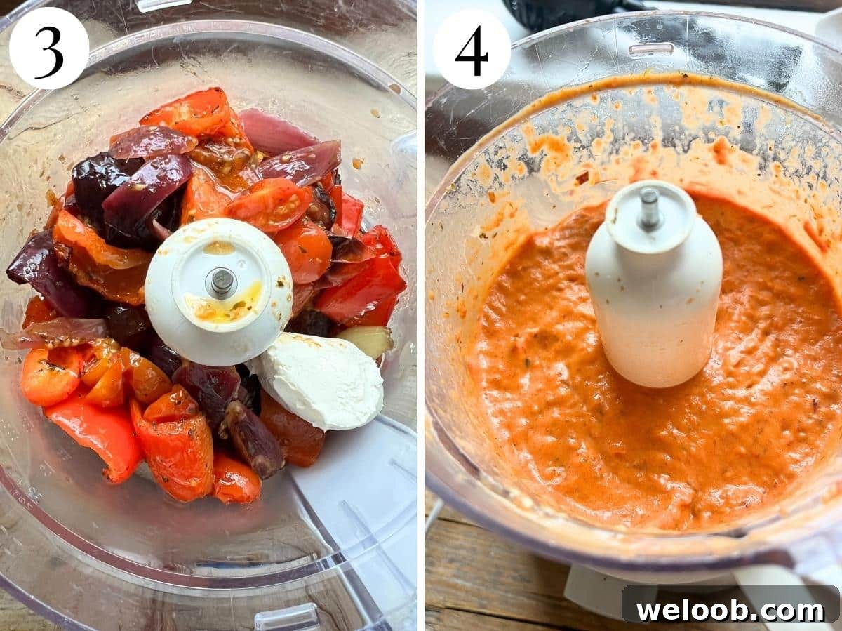 Two photos showing the before and after of blitzing a roasted red pepper cream sauce in a food processor.
