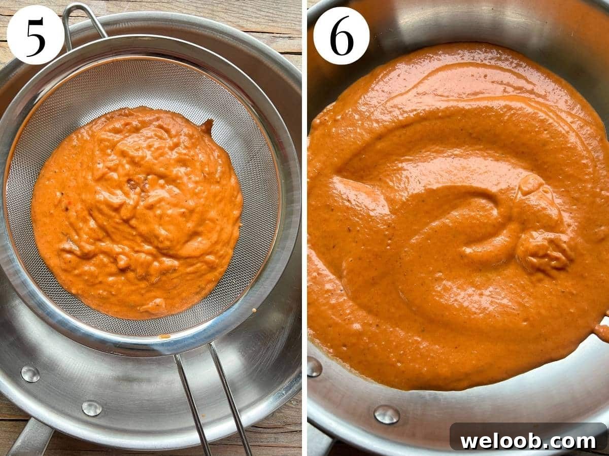 Two photos showing the before and after of passing the roasted red pepper sauce through a sauce for a smooth consistency.