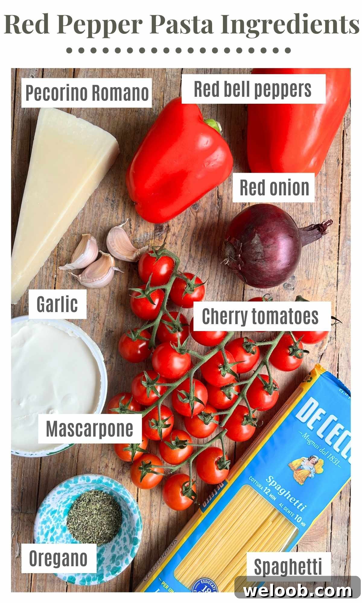 All the ingredients to make creamy roasted red pepper pasta laying on a wooden surface.