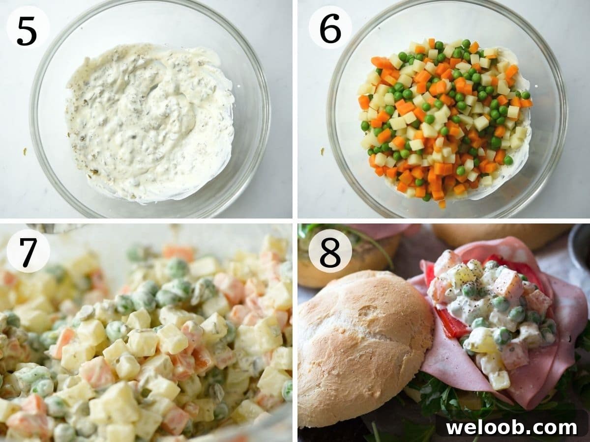 Step by step photos showing how to make russian salad