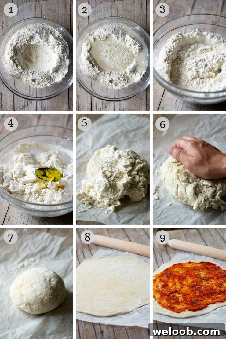Step by step photos showing how to make yeast free pizza dough