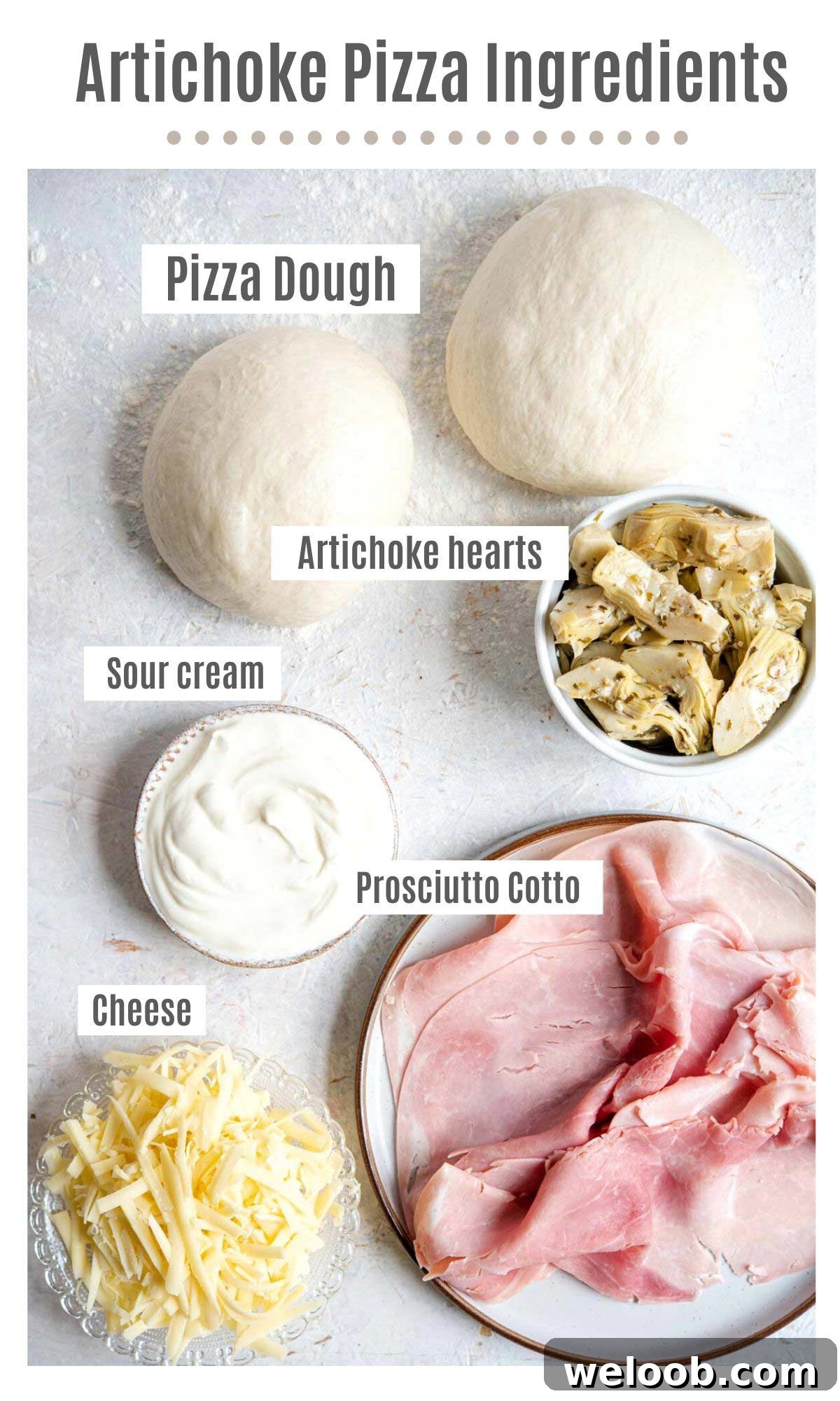 An overhead shot of all the ingredients you need to make artichoke pizza