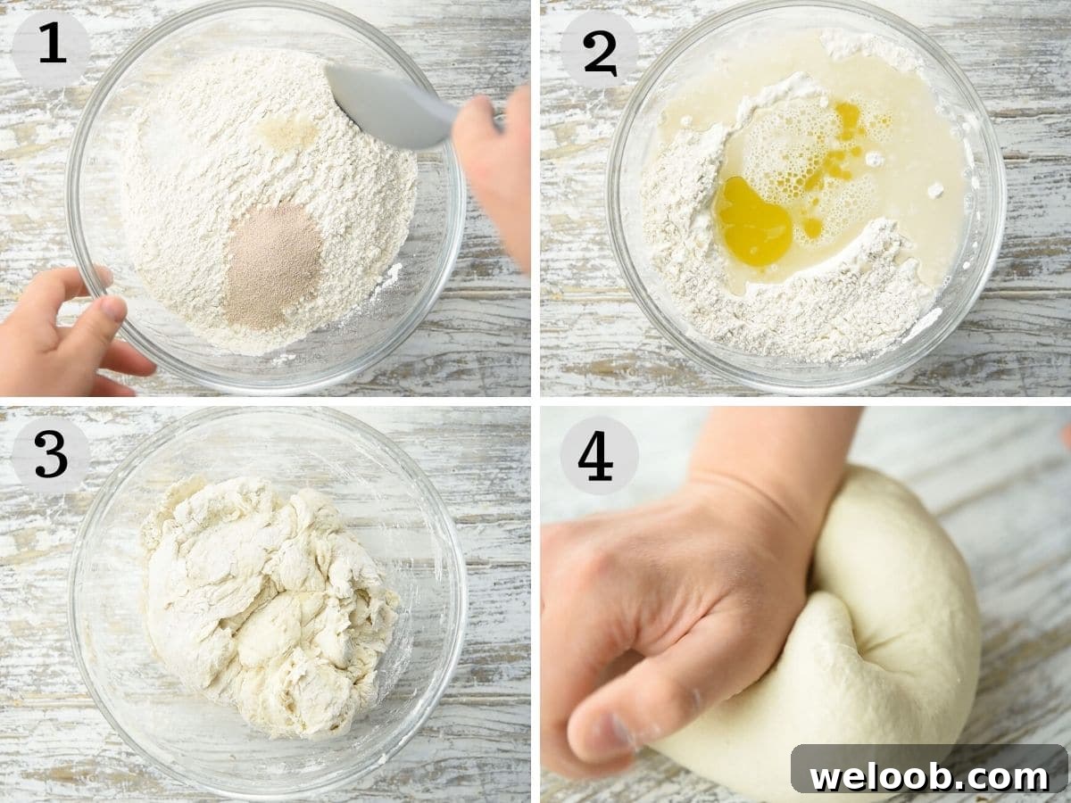 Step by step photos showing how to make pizza dough