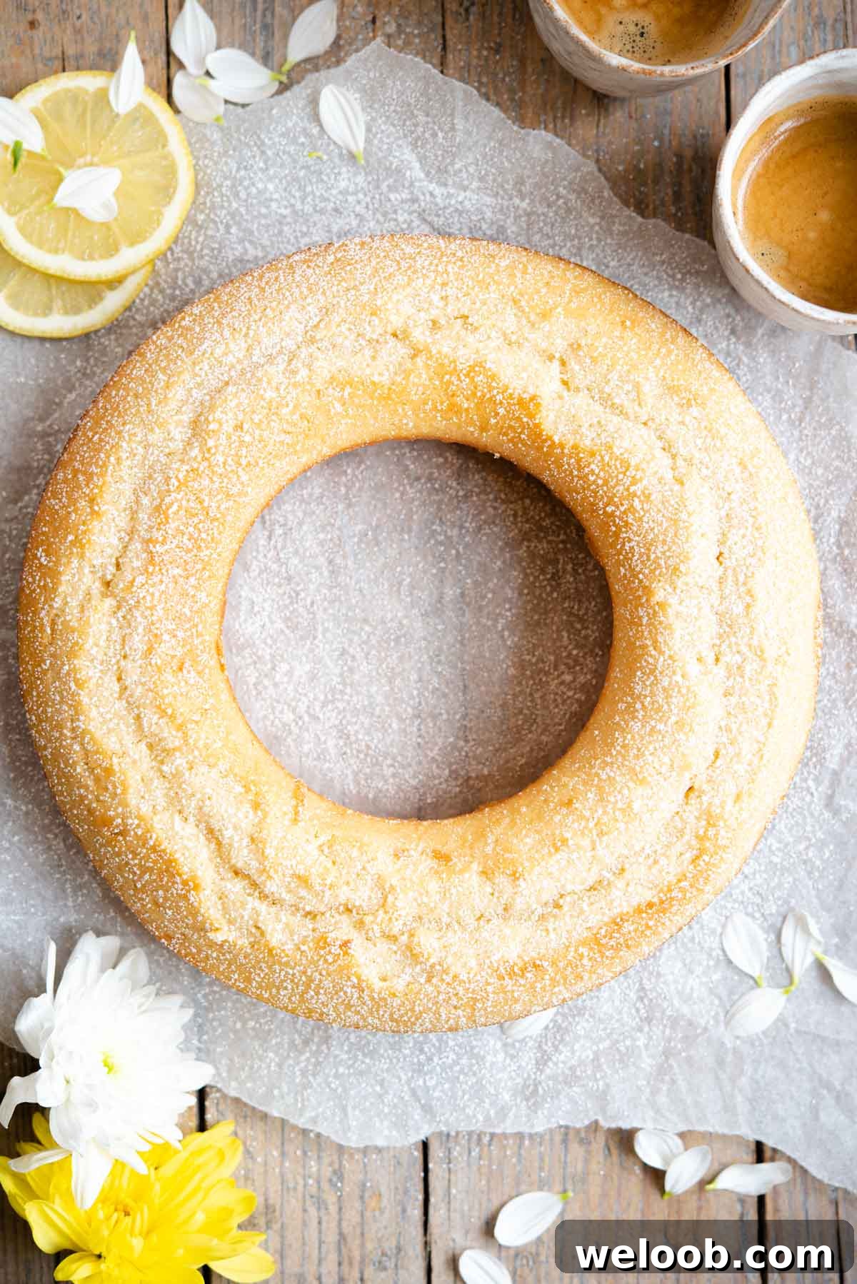 An overhead shot of Italian breakfast bundt cake dusted with confectioner's sugar