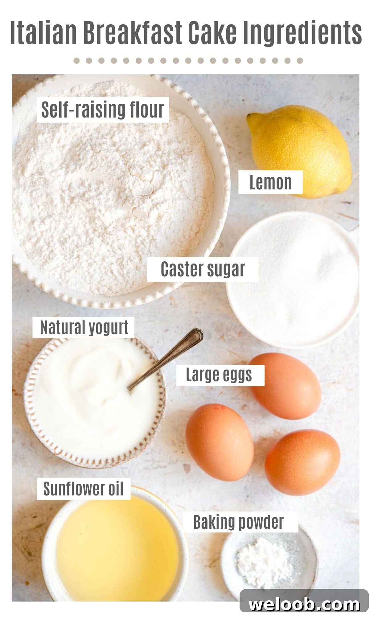 An overhead shot of all the ingredients you need to make Italian Ciambella cake
