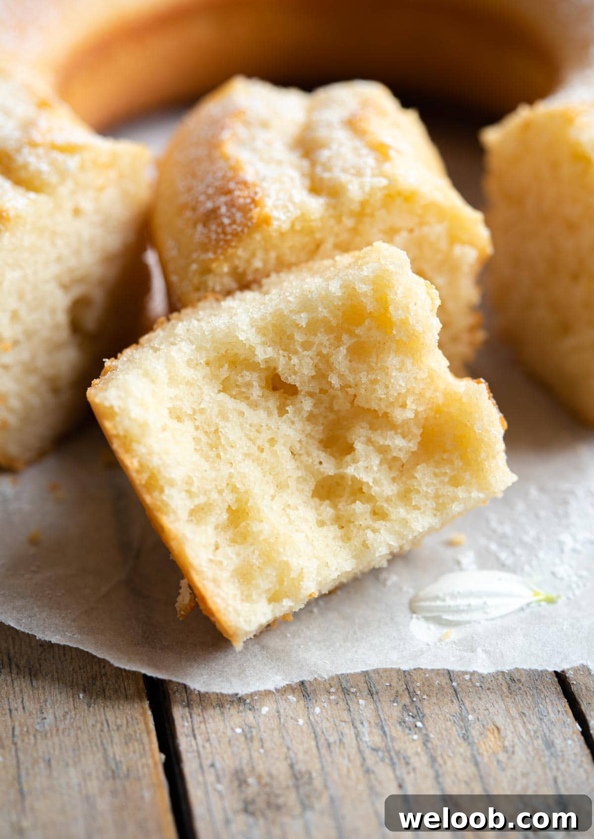 A close up of a slice of cake cut in half so you can see the soft texture