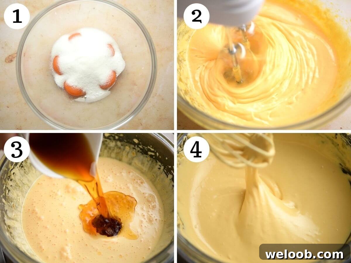 Four photos in a collage showing you how to make zabaglione from scratch