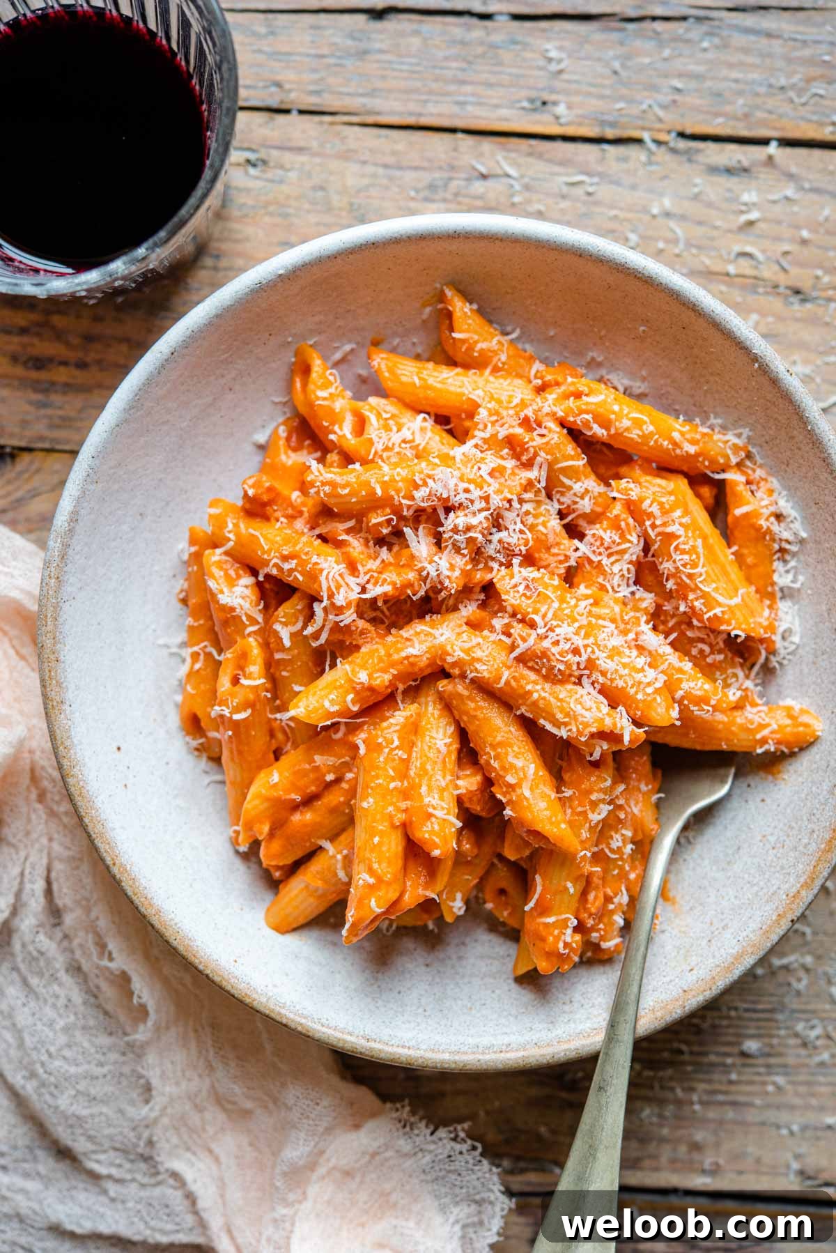 An overhead shot of penne alla vodka in a rustic bowl with a glass of red wine at the side