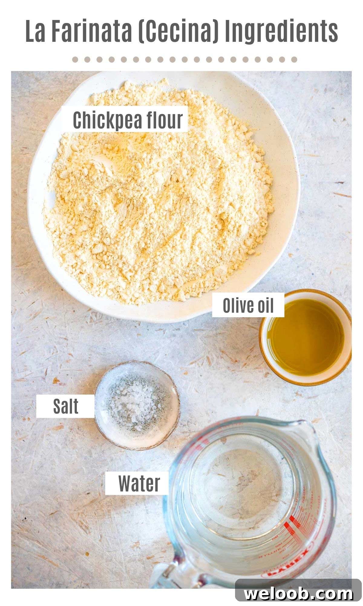 An overhead shot of all the ingredients you need to make La Farinata or Cecina