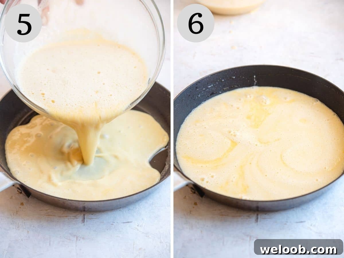 Two photos showing how to pour the farinata batter into a skillet
