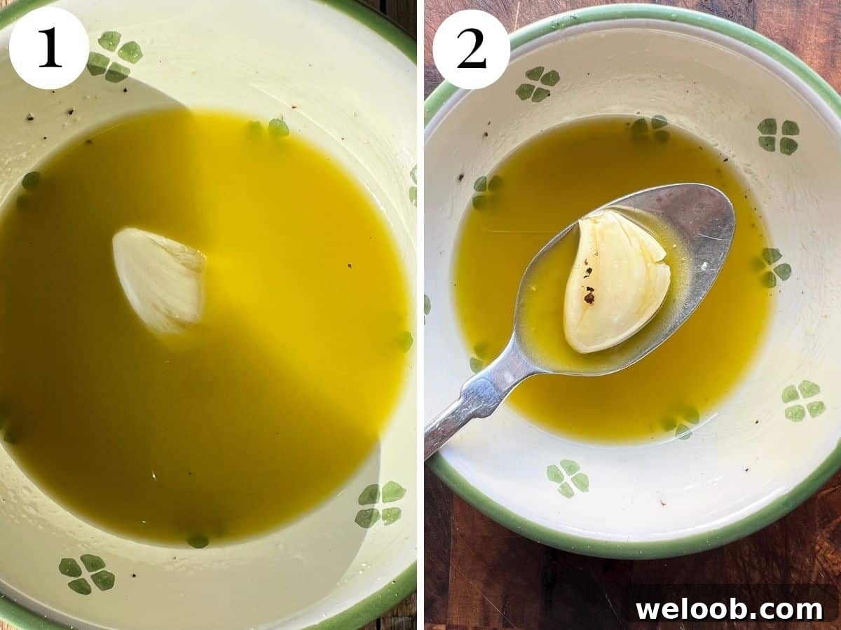 Two photos in a collage showing an emulsified dressing with a whole, crushed garlic clove.