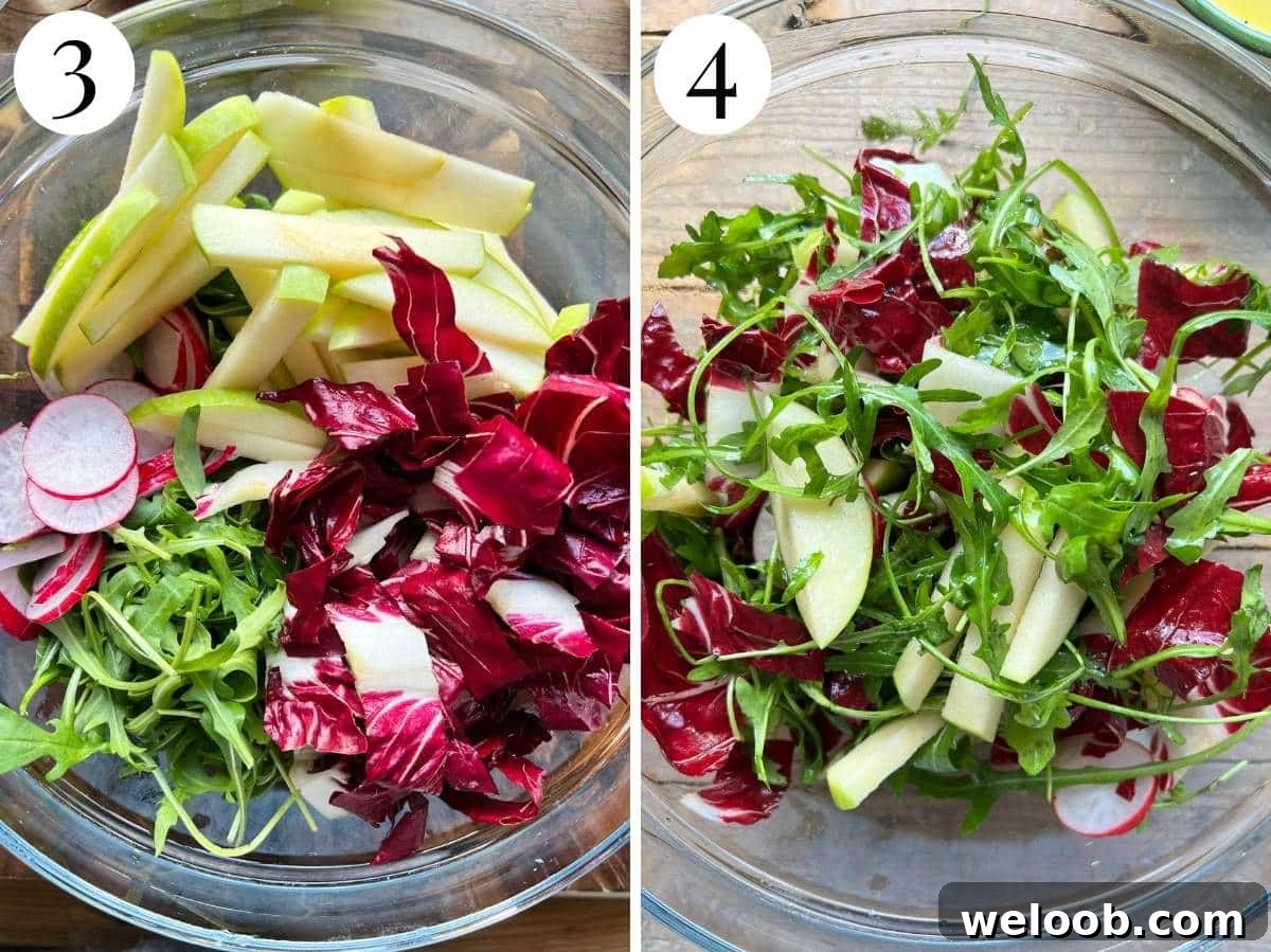 Two photos in a collage showing before and after tossing the bresaola salad.