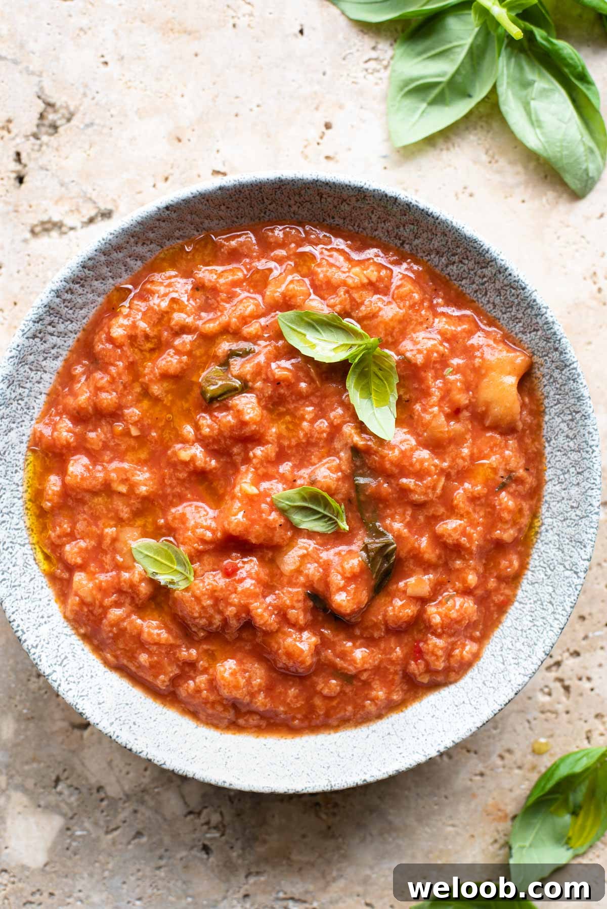 An overhead shot of a bowl of Pappa al Pomodoro Italian bread soup