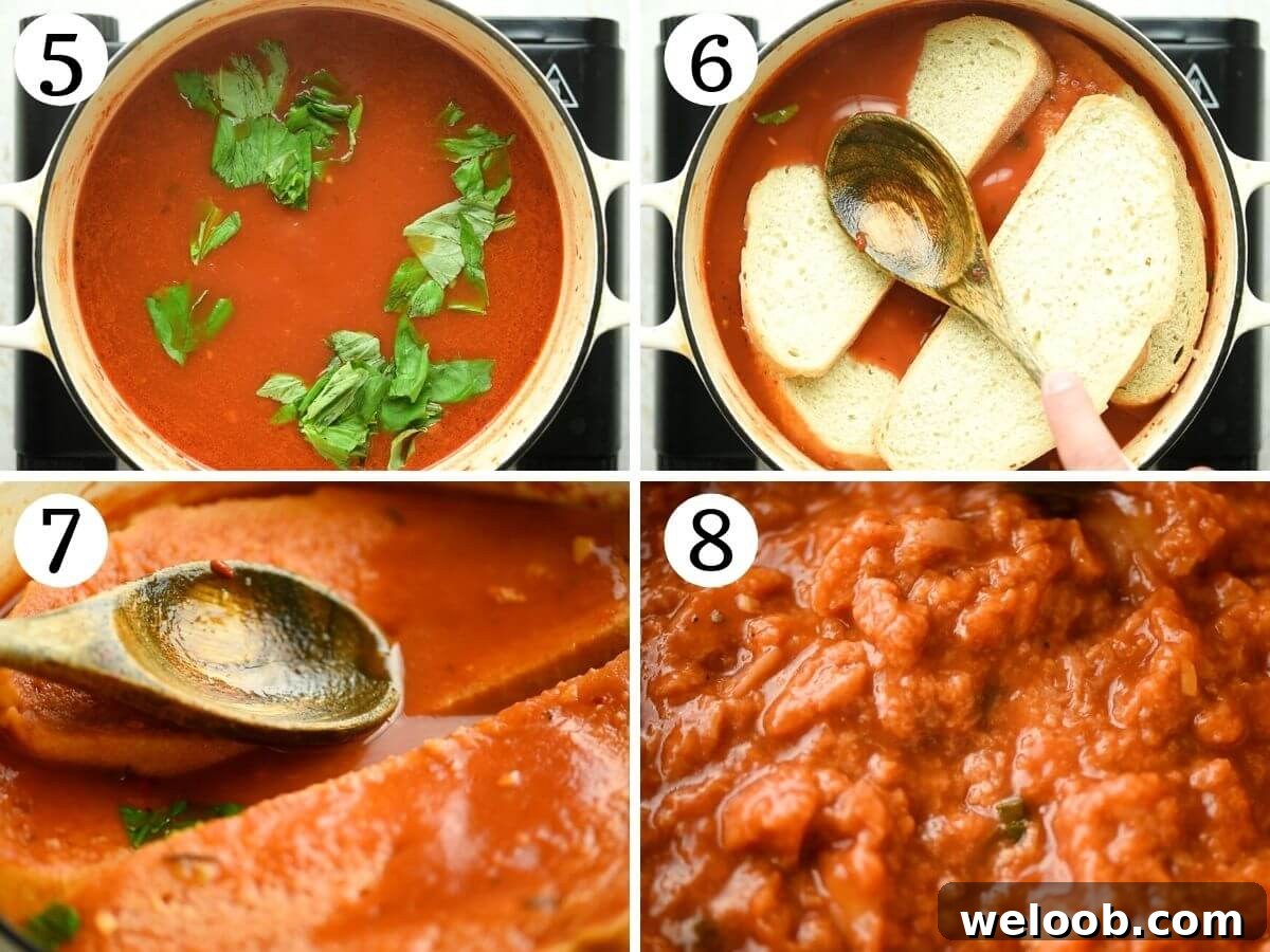 Step by step photos showing how to finish making pappa al pomodoro