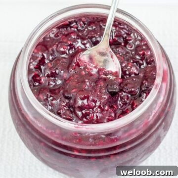 Spoon in a jar of mixed berry jam.