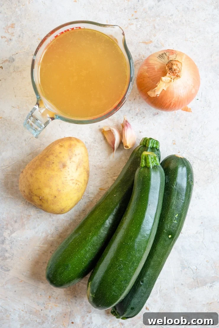 An overhead shot of ingredients used to make creamy zucchini soup
