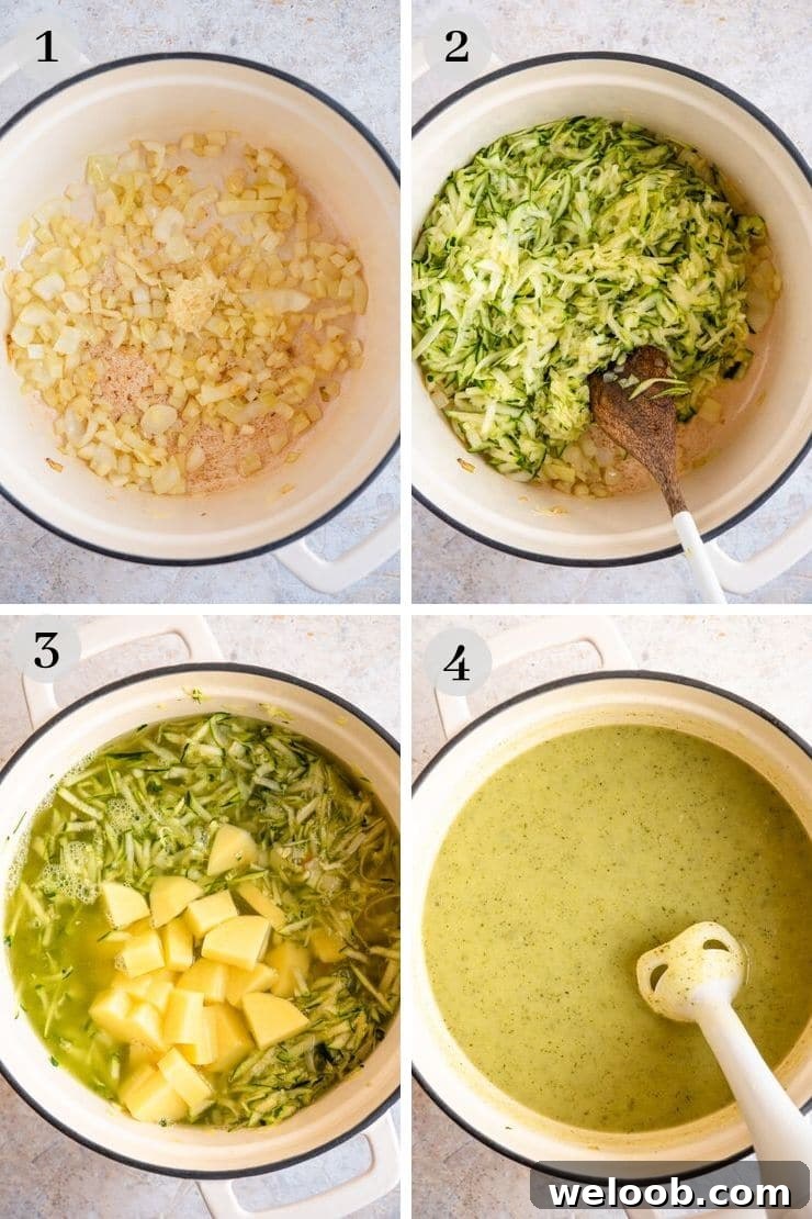 Step by step photos for making creamy zucchini soup