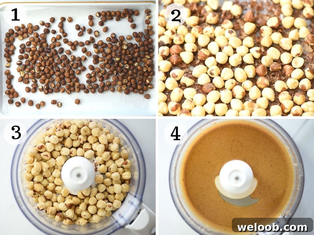 Step by step photos showing how to roast and blend hazelnuts