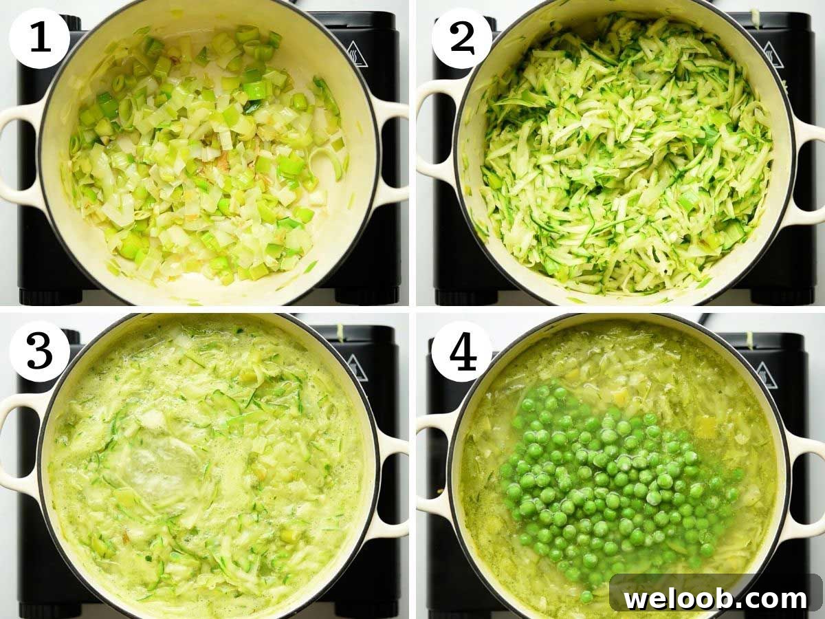 Step by step photos showing how to make green pea soup