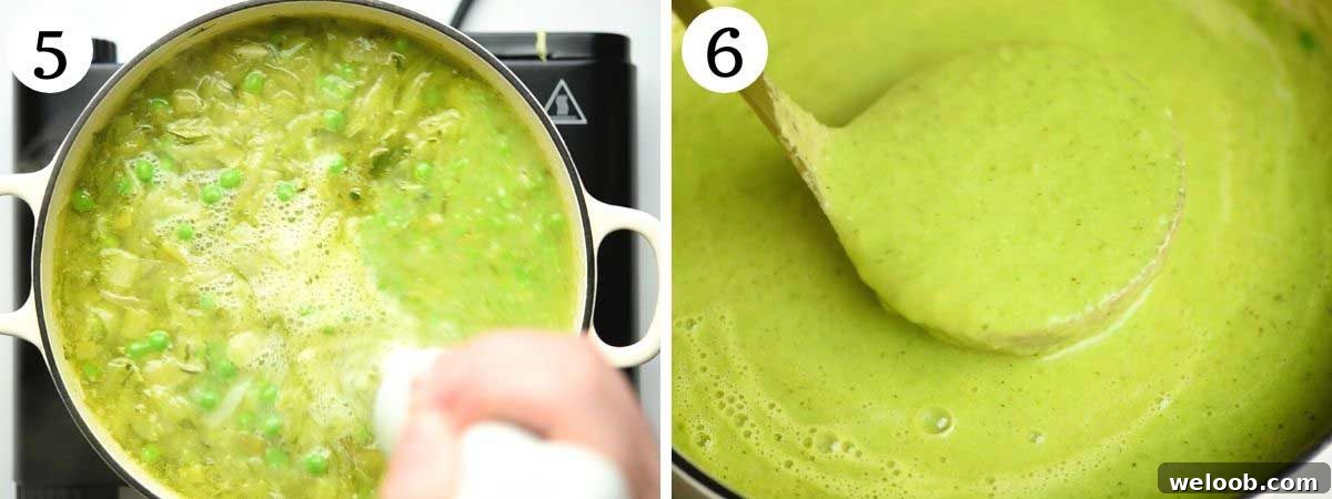 Two photos showing soup before and after blending