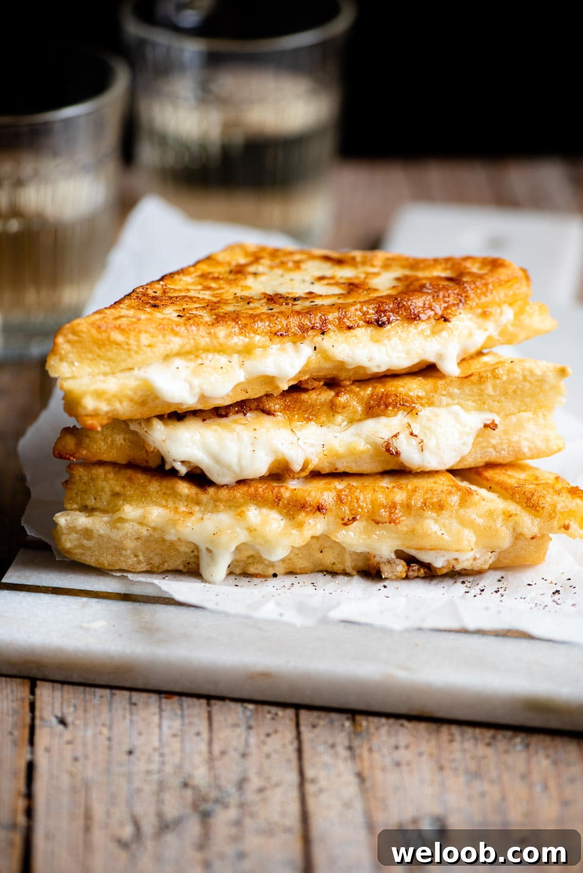 Three fried mozzarella sandwiches stacked on top of each other