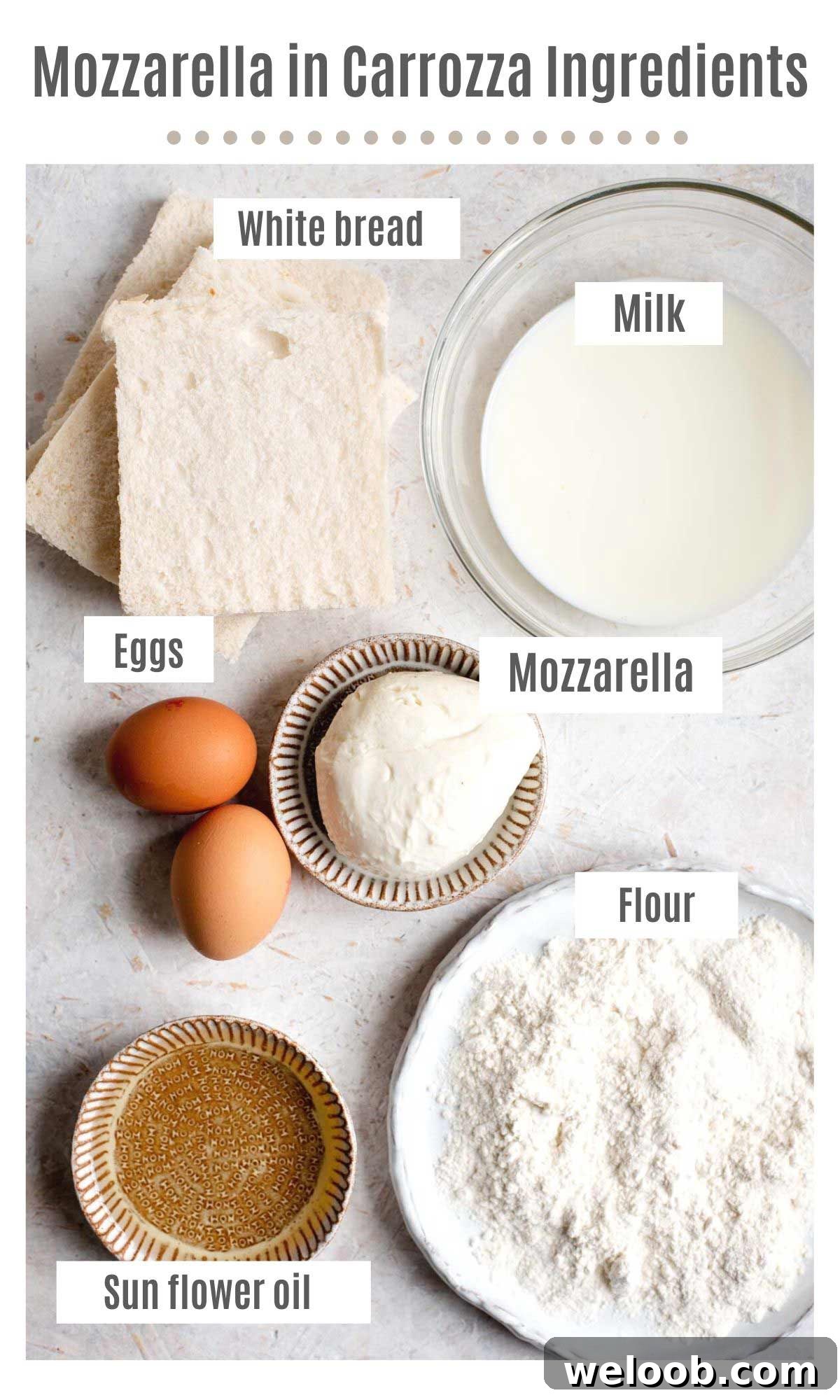 An overhead shot of the ingredients you need to make mozzarella in carrozza