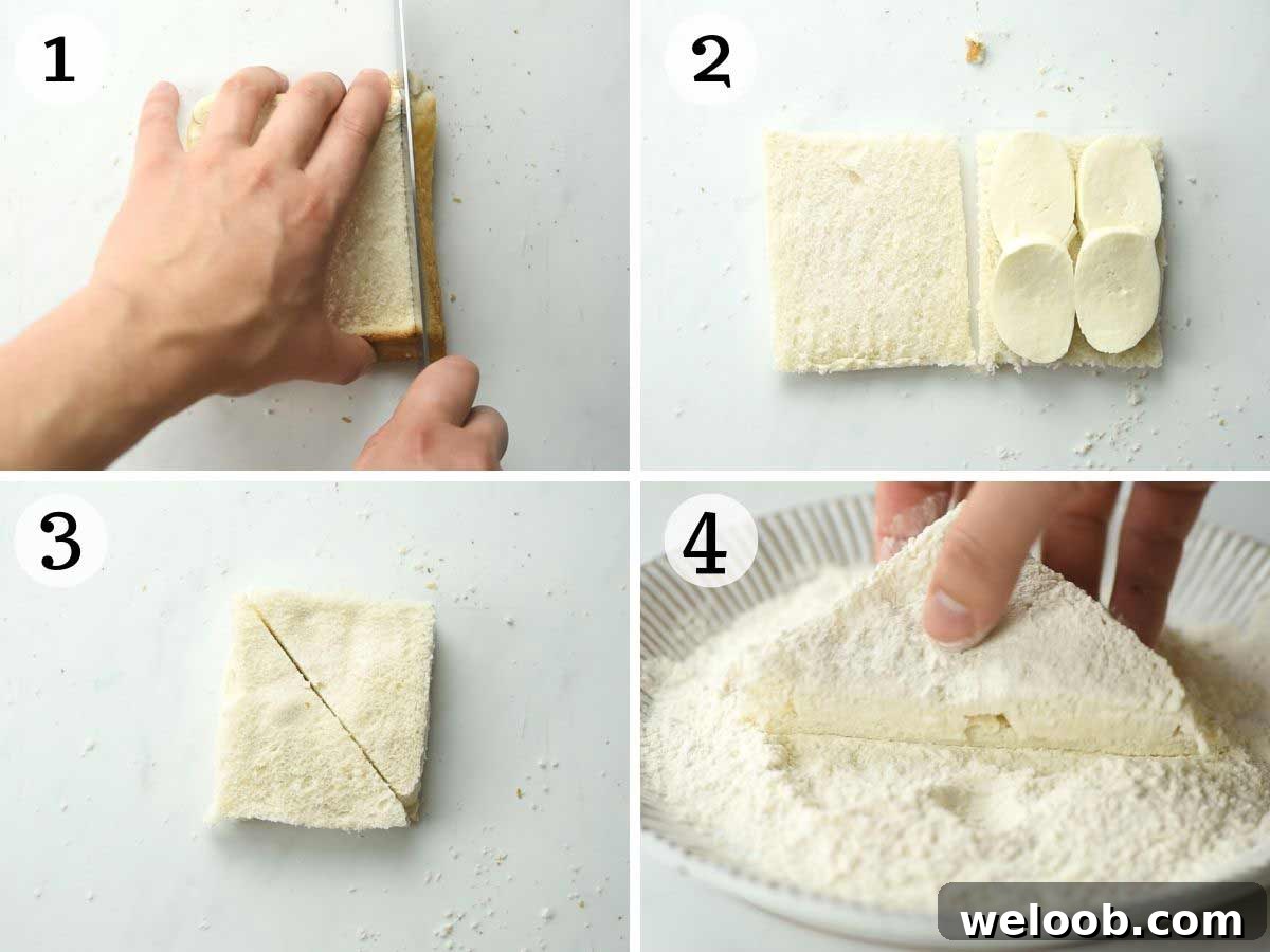 Step by step photos showing how to prepare fried mozzarella sandwiches