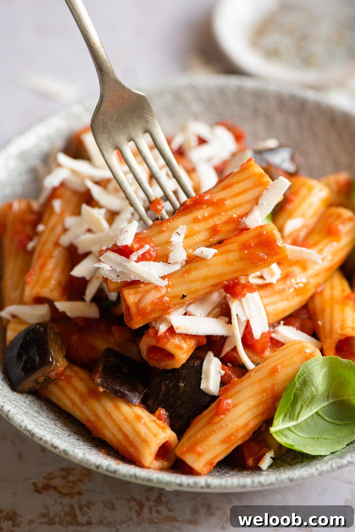 A close up of eggplant pasta on a fork