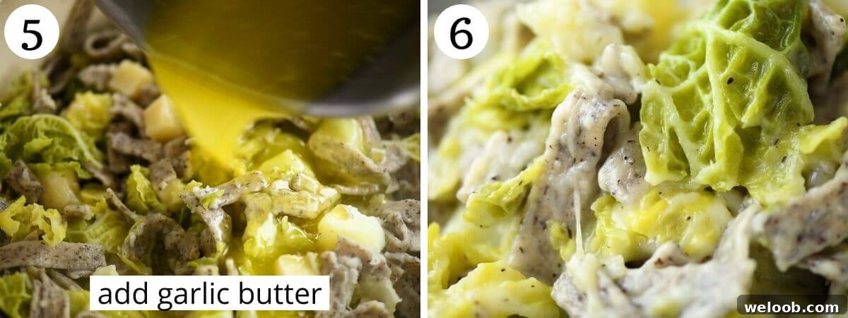 Two photos showing how to add garlic butter and mix it in to pizzoccheri pasta