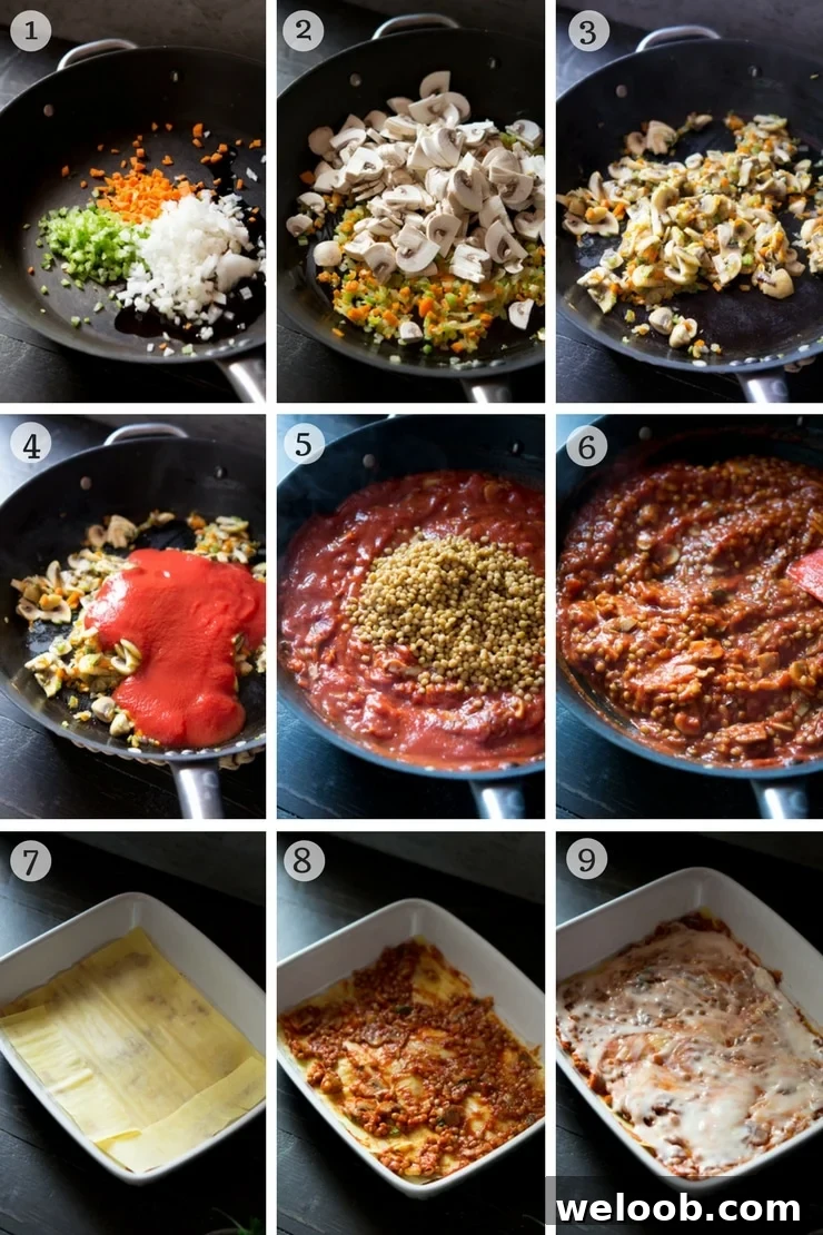 Step by step photos on how to make lentil ragu lasagne