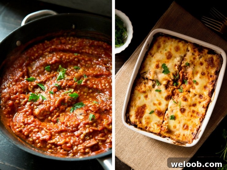 A close up of lentil ragu in a pan and made into a lasagna