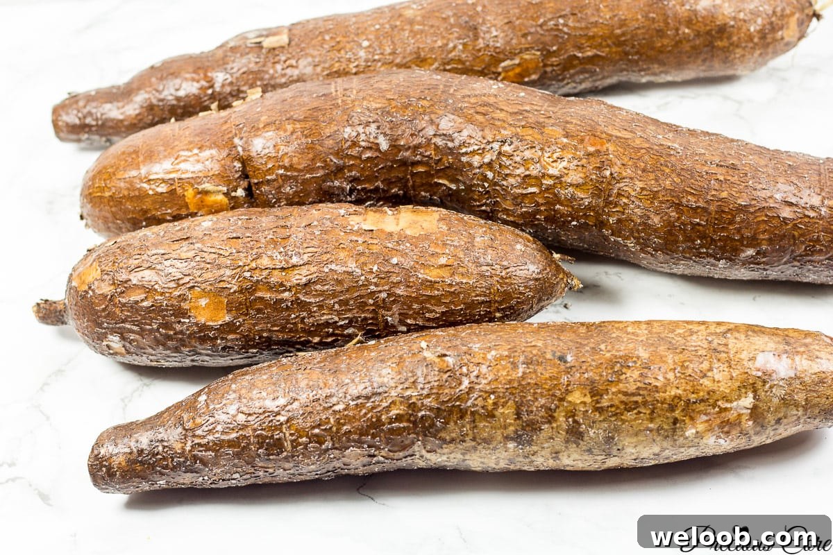 Four cassava on a counter.