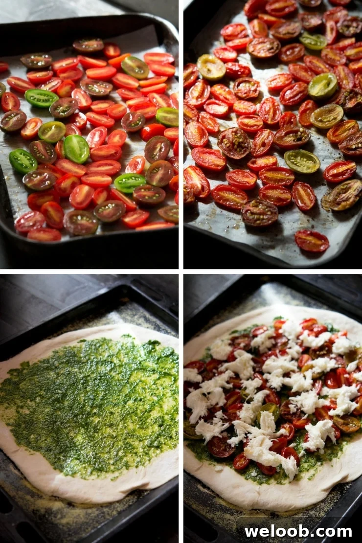 step by step photos on how to roast tomatoes and make a basil pesto pizza