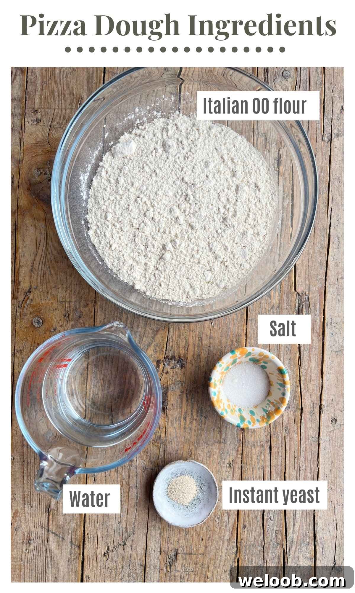 All the ingredients needed to make pizza dough laying in bowls on a rustic wooden surface.