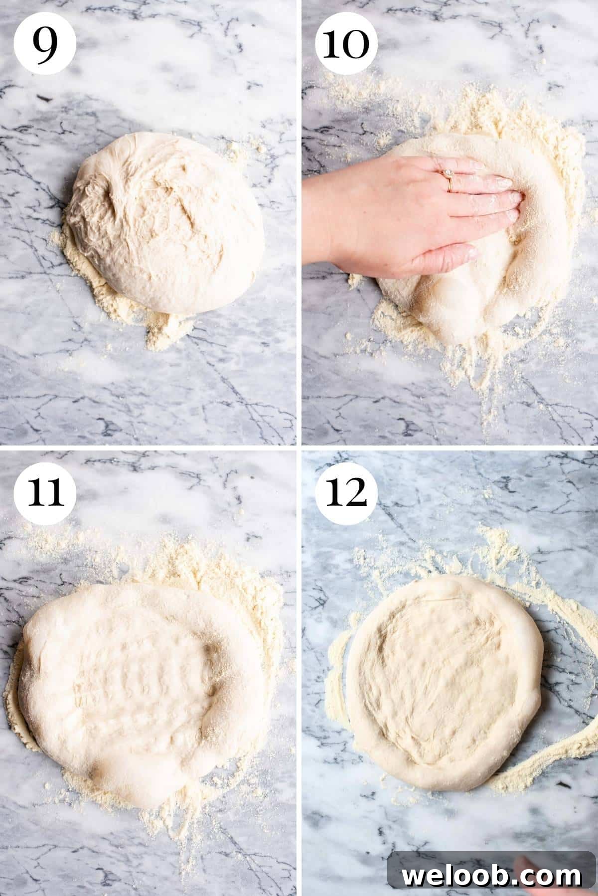 Four photos in a collage showing how to shape a pizza base.