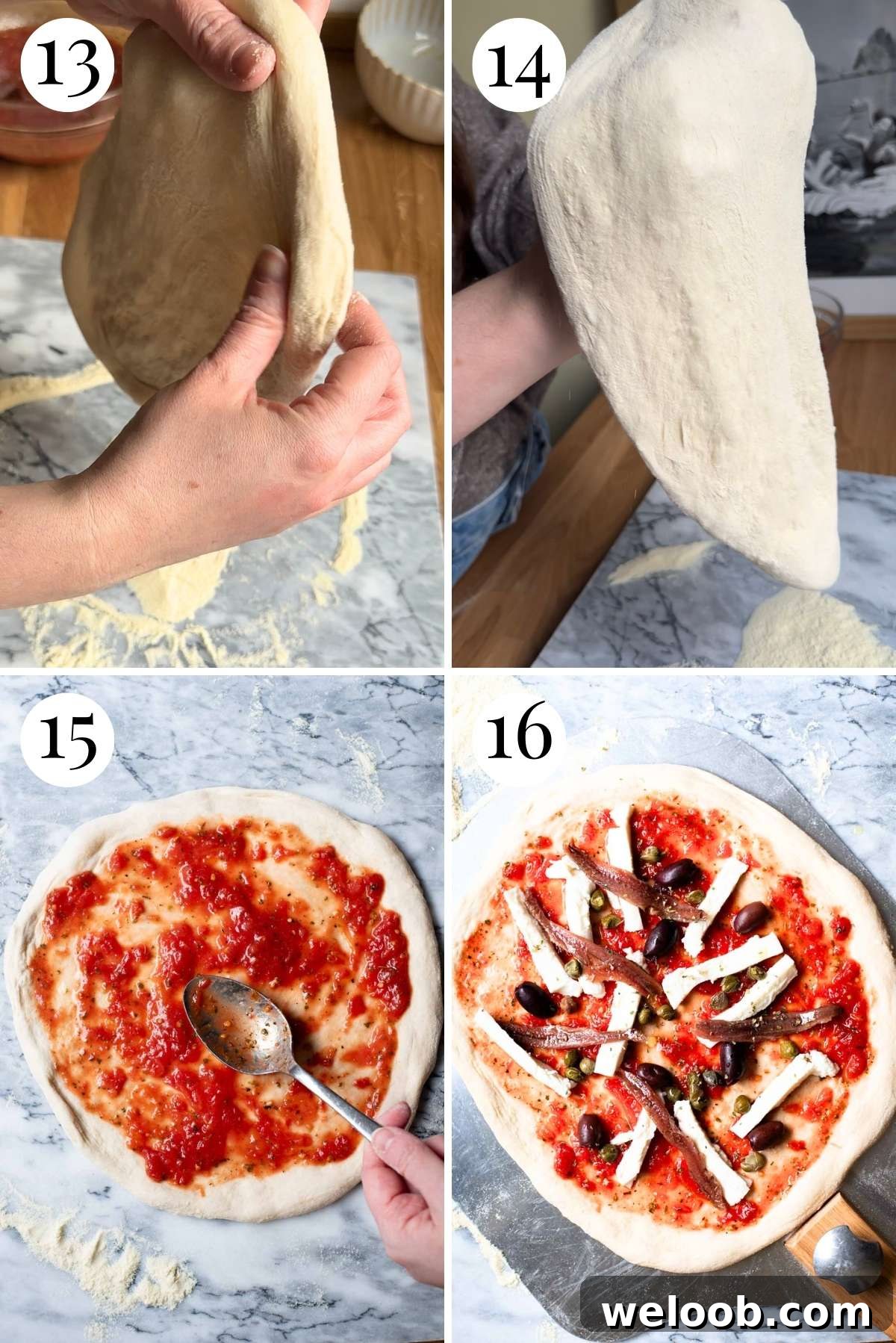 Four photos in a collage showing how to stretch a pizza base further and add toppings.
