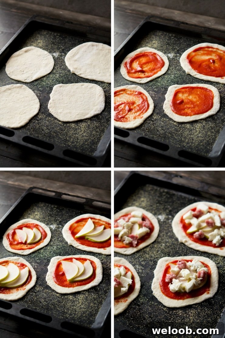 Step by step photos on how to make mini sausage pizzas