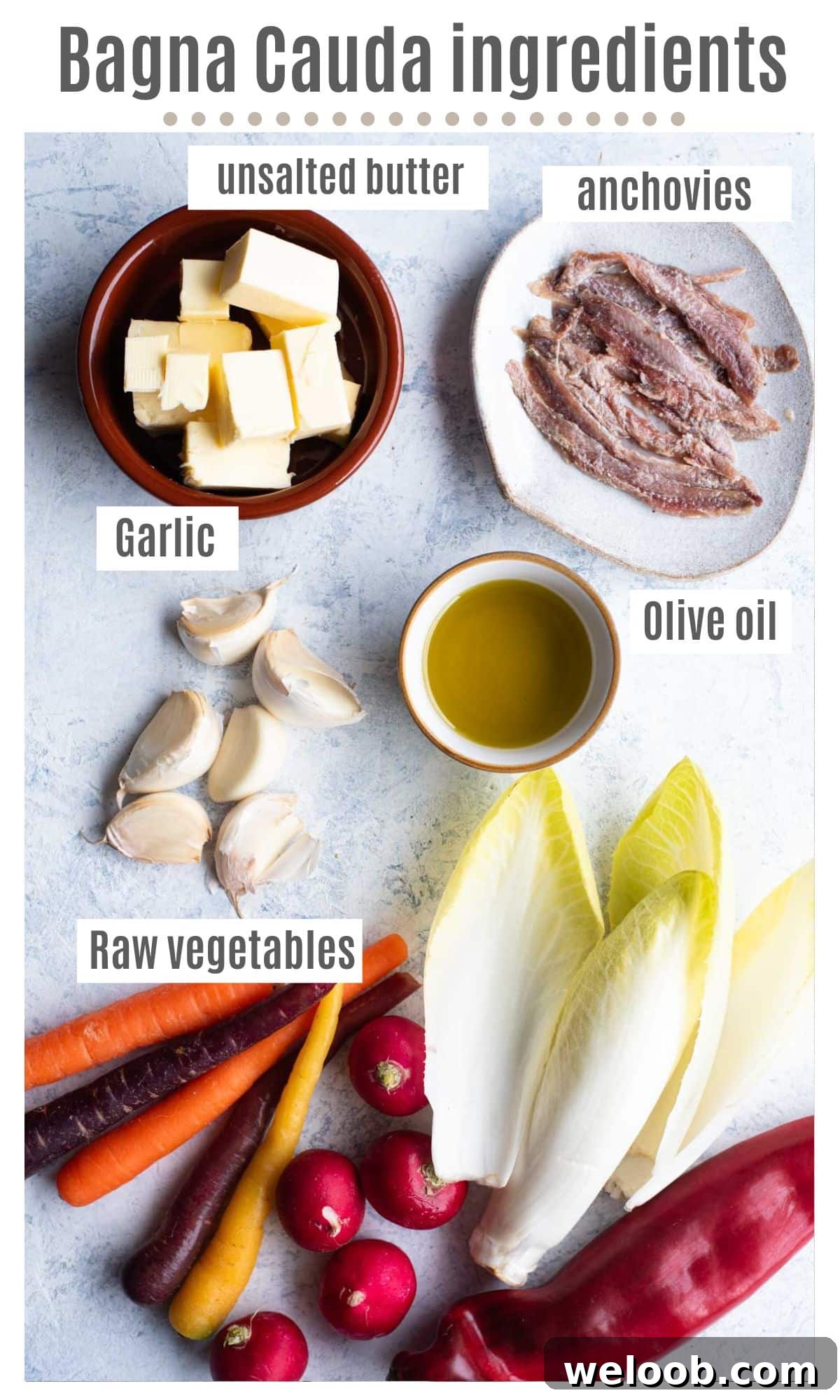 An overhead shot of all the ingredients you need to make Bagna Cauda.