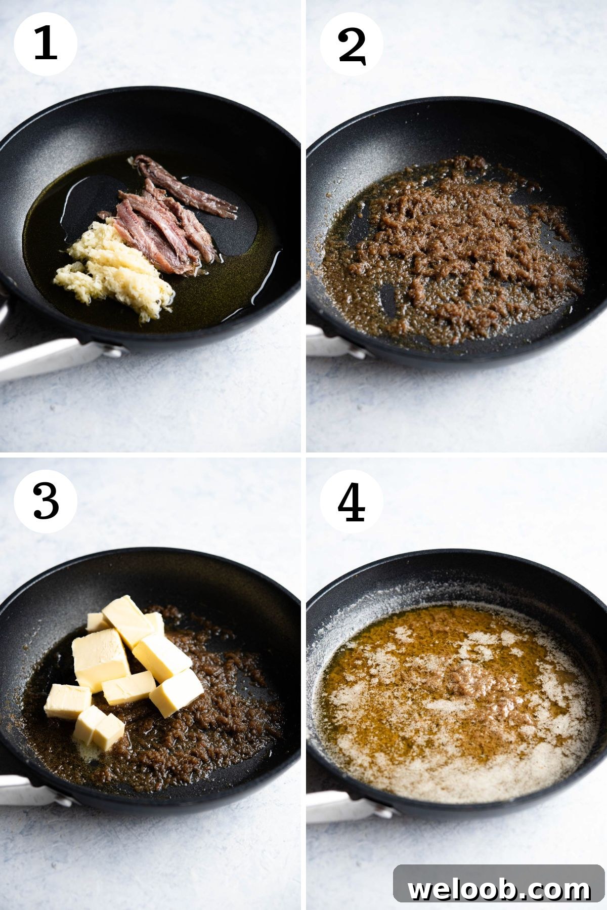 Four photos in a collage showing how to make Bagna Cauda with anchovies, butter and garlic.