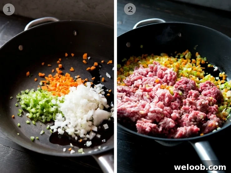 Step by step photos showing how to make soffritto for Italian beef ragu