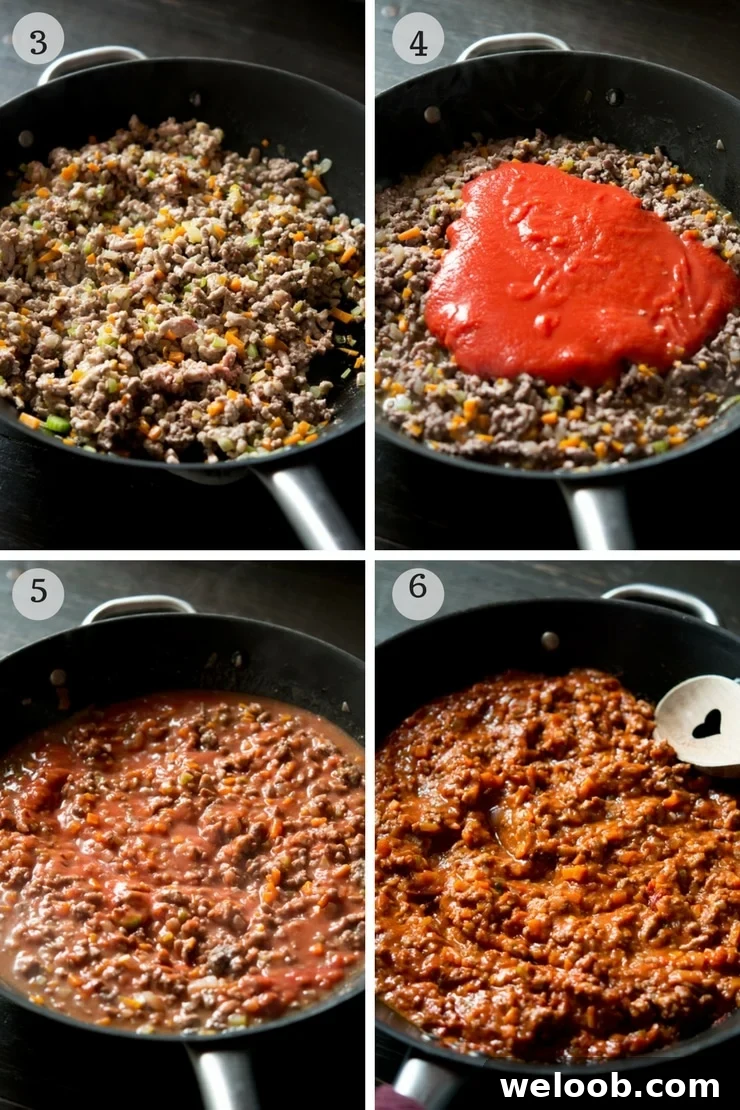 Step by step photos showing how to make Italian beef ragu